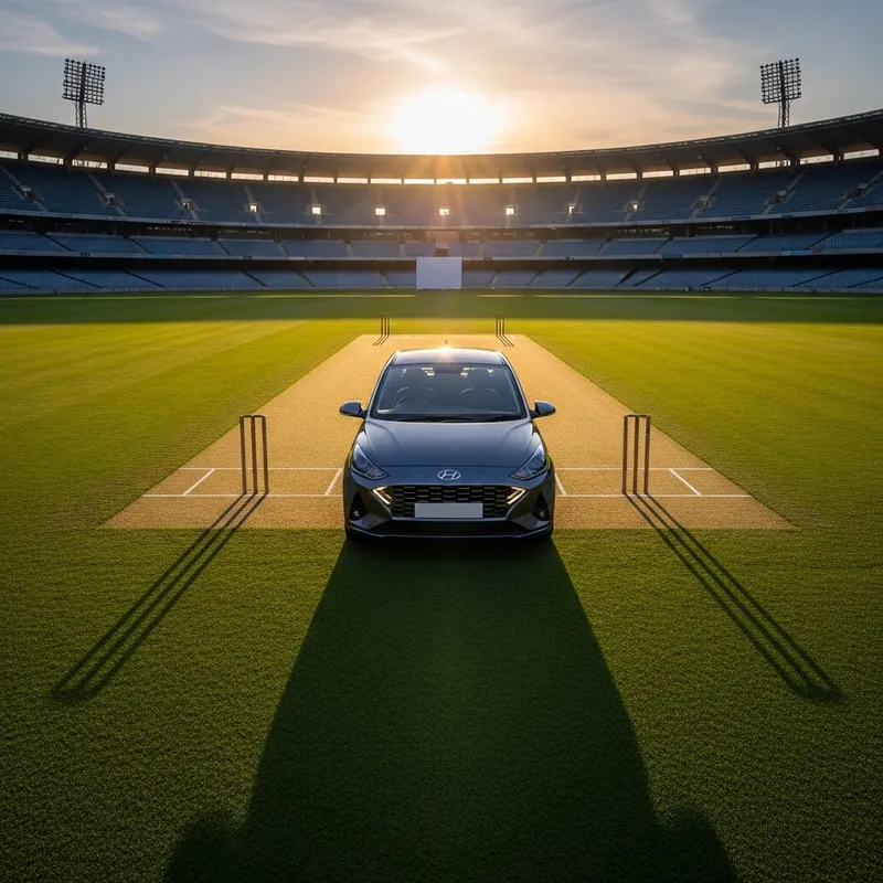 Gray Hyundai Aura Car in Vast Cricket Stadium | Vibrant Scene Gray Hyundai Aura Car in Vast Cricket Stadium | Vibrant Scene