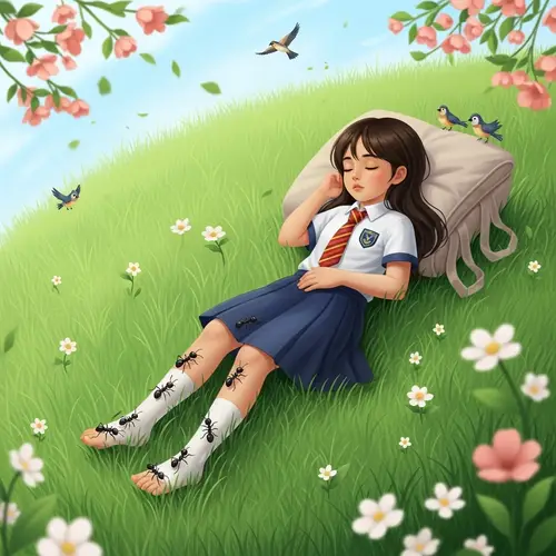 Middle-Eastern Girl Sleeping on Green Grass with Gentle Ants