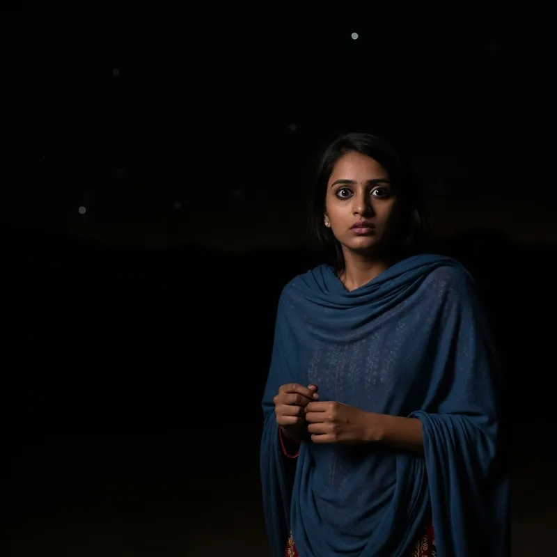 Scared South Asian Girl: Intense Nighttime Fear Captured