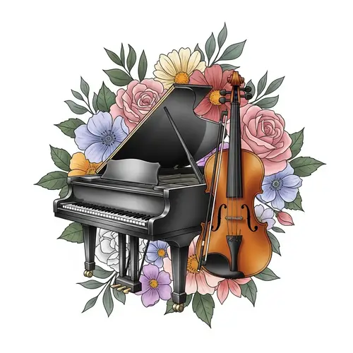 Detailed Piano and Violin Tattoo Design