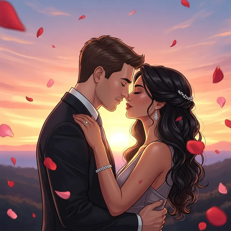 Diverse Couple Romantic Sunset Kiss
