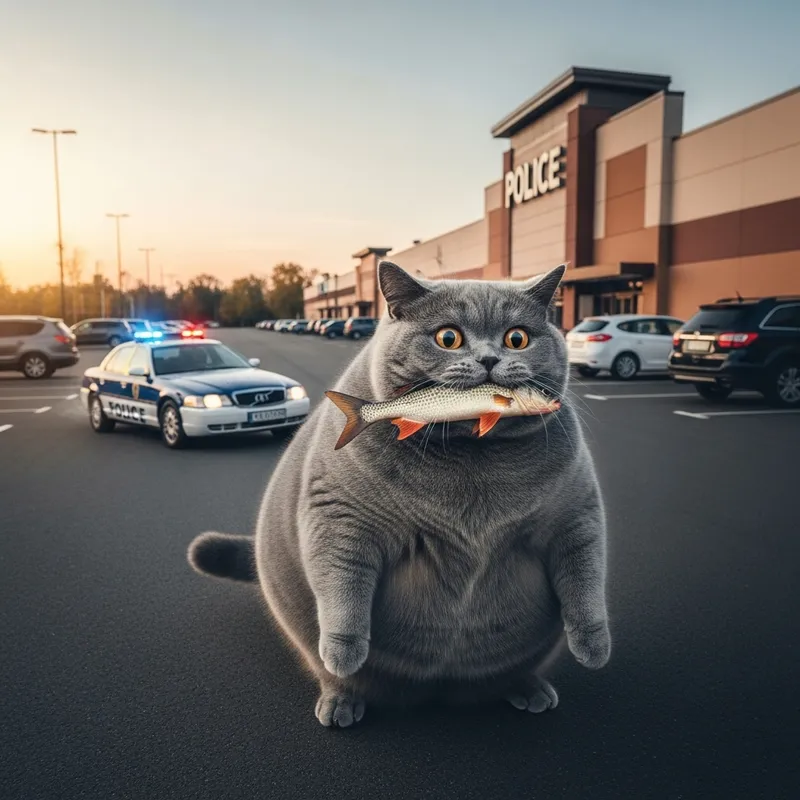 Chubby Grey British Cat with Fish in Teeth at Supermarket Parking Lot
