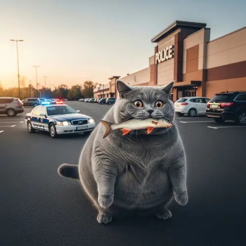 Chubby Grey British Cat with Fish in Teeth in Supermarket Parking Lot