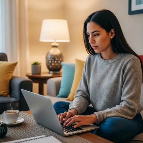 Young Latina Woman Creating Content in Cozy Living Room | Website