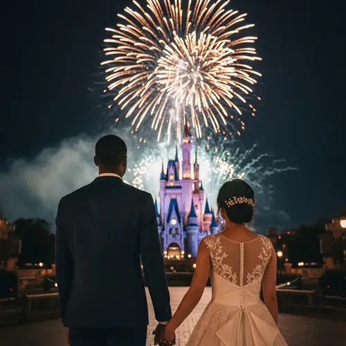 Diverse Couple Wedding Photo with Fireworks at Romance-Era Castle