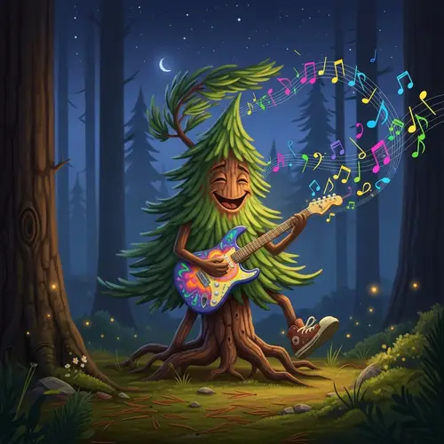 Whimsical Pine Tree Strumming Electric Guitar in Serene Forest