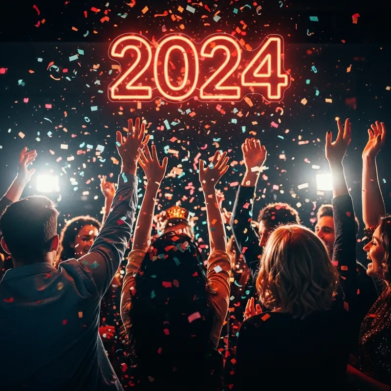 2024 Neon New Year's Eve Confetti Celebration with Colorful Group Fun 2024 Neon New Year's Eve Confetti Celebration with Colorful Group Fun