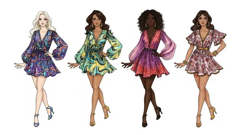 Diverse 70s Costume Design Sketches: Glamorous Dancers Captured in Motion