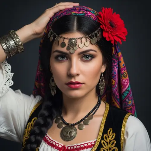 Captivating Gypsy Woman: Dark Hair, Blue-Green Eyes, Youthful Charm