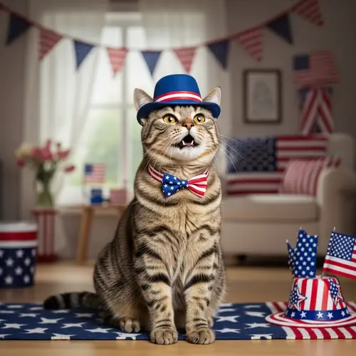 Adorable Cat Singing the American Anthem in Patriotic Setting