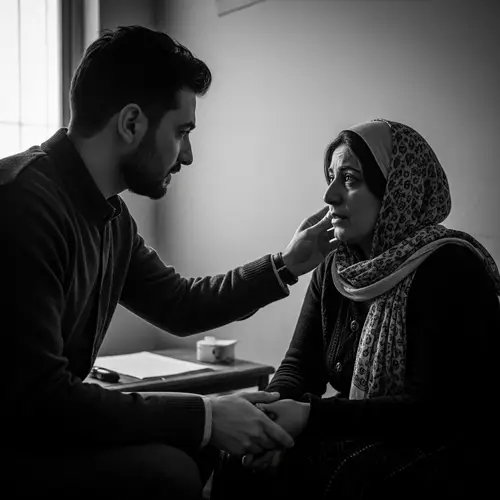 Empathetic Psychologist Guiding Kurdish Woman in Dimly Lit Setting
