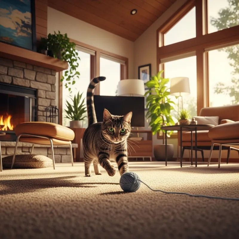 Playful Tabby Cat Chasing Yarn in Home