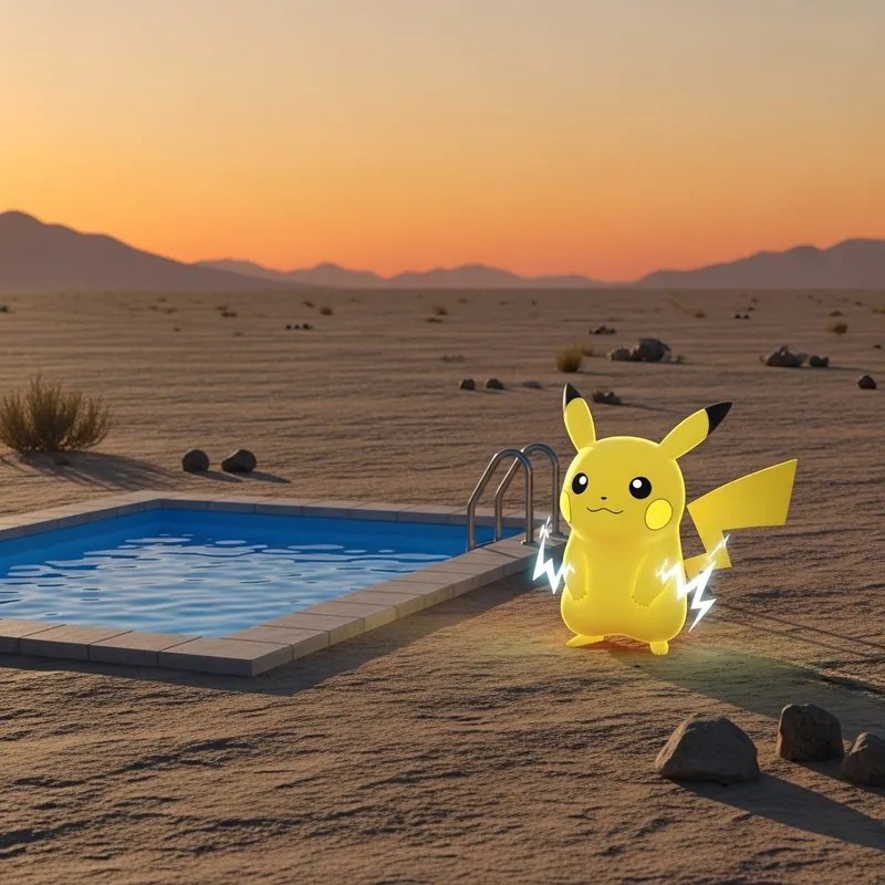 Pikachu in Desert Landscape with Blue Pool