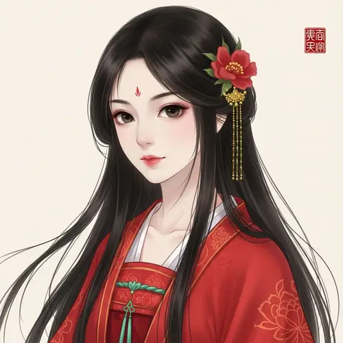 Exquisite Chinese Girl with Long Flowing Black Hair in Traditional Painting Style