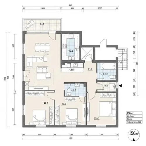 Comprehensive Architectural Blueprint for a 150 sqm Residential House