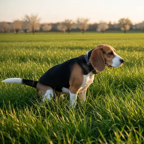 Tranquil Beagle Relieving Itself in Vast Green Field