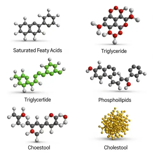 Detailed Molecular Structures of Lipids: Saturated and Unsaturated Fatty Acids, Triglycerides, Phospholipids, and Cholesterol