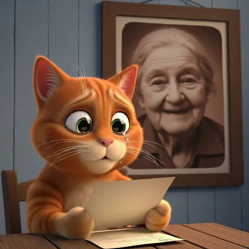 Heartfelt 3D Cartoon: Crying Ginger Cat Reading Letter