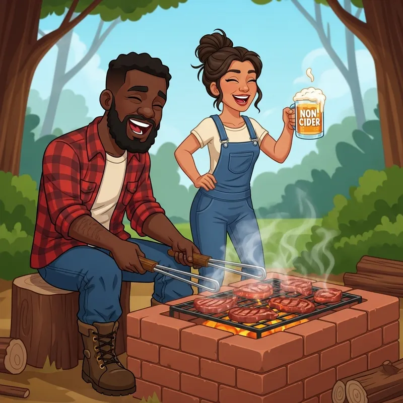 Cartoon Hillbillies Grilling Meat Outdoors with Friends