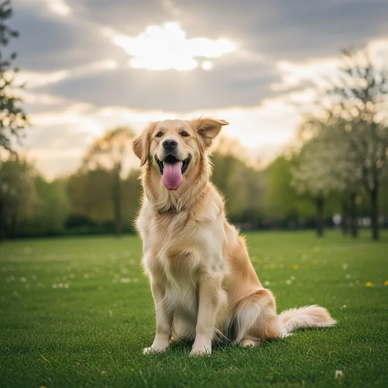 Happy Fluffy Golden Retriever in a Lively Park Happy Fluffy Golden Retriever in a Lively Park