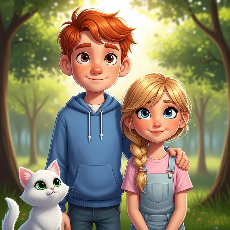 Red-Haired Boy & Blonde Girl in Love with Kitten