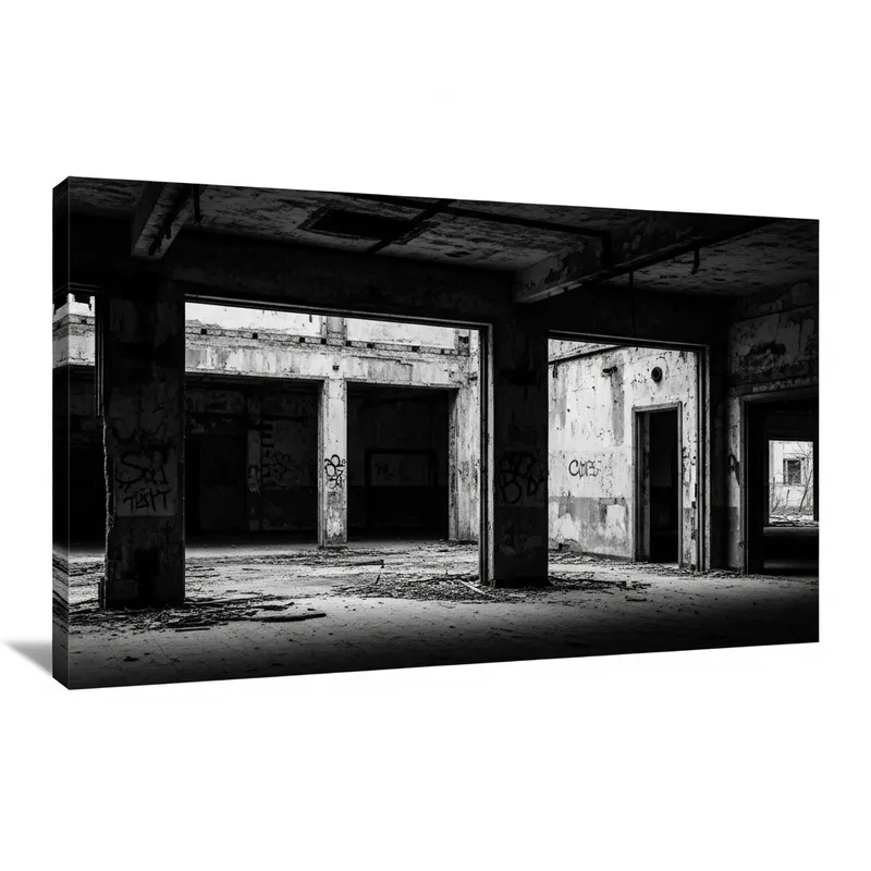Dramatic Urban Decay: Crumbling Building Black White Photography