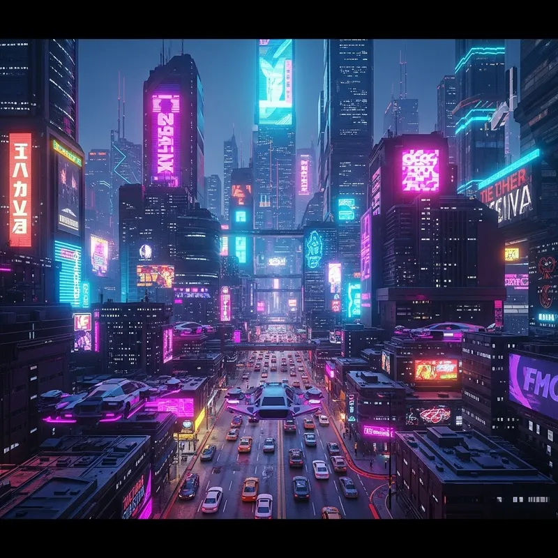 Bustling Cyberpunk City with Neon Skyscrapers & Flying Cars