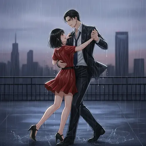 Romantic Waltz in the Rain: Jumin Han Lookalike & Woman Dancing
