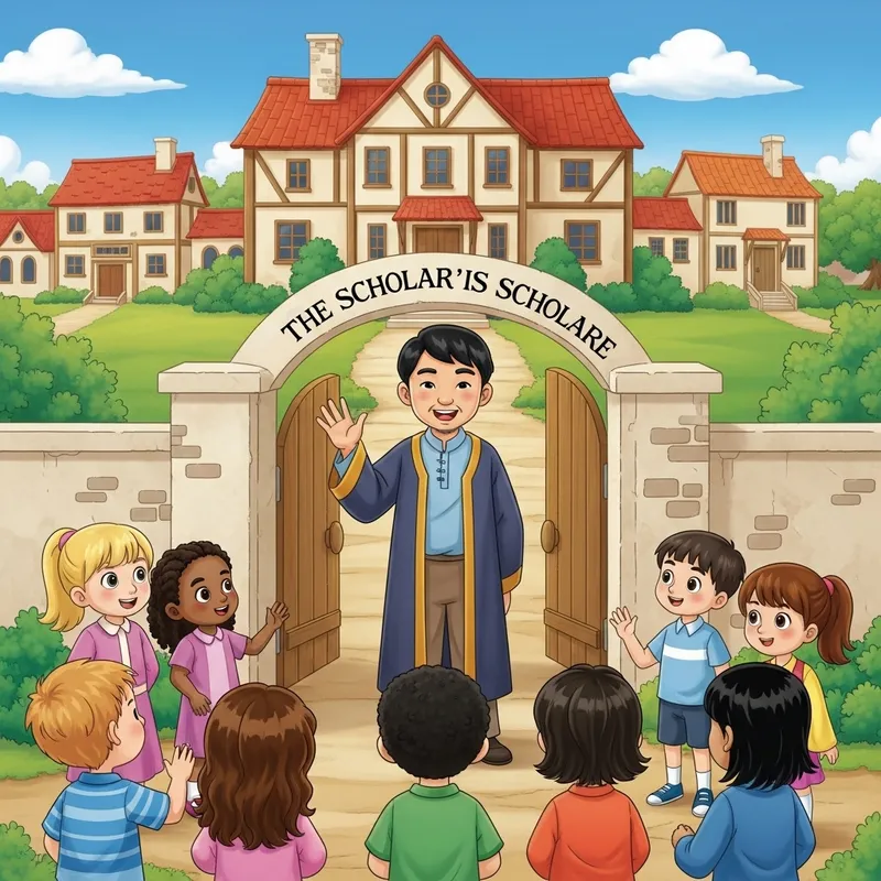 Whimsical Village Illustration - Scholar Tasio Welcomes Children