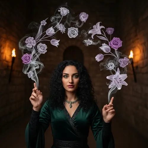 Enchanting Middle-Eastern Witch Casting Magical Spell with Smoke Flowers