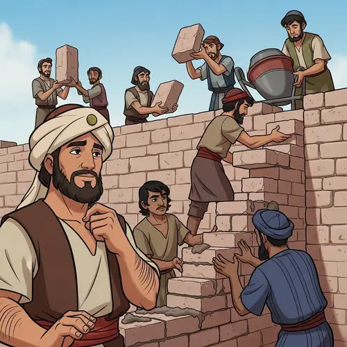 Nehemiah Wall Rebuilding: Diverse Team in Traditional Garb