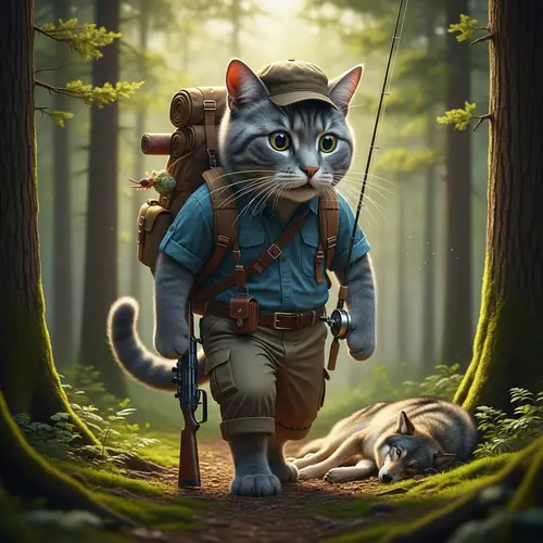Realistic Grey Tomcat in Hiker's Attire with Rifle in Forest