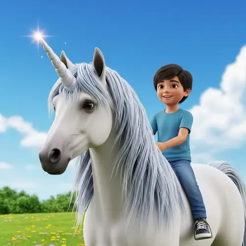 Hispanic Boy Riding Majestic Unicorn - Enchanting Scene