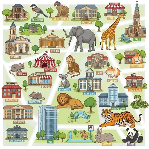 Detailed City Map with Buildings and Wild Animals