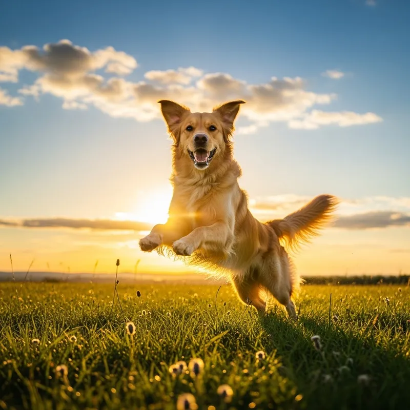 Vibrant and Playful Dog Frolicking in a Sunlit Field Vibrant and Playful Dog Frolicking in a Sunlit Field
