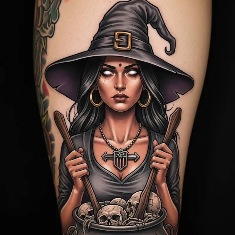 Captivating Witch Stirring Pot of Skeletons | With Harley-Davidson Necklace