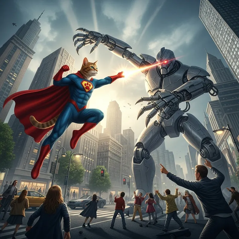 Cat Superhero Defending Citizens Against Robot Attack