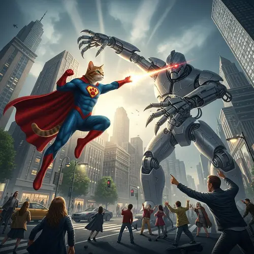 Cat Superhero Saving Citizens from Attacking Robot