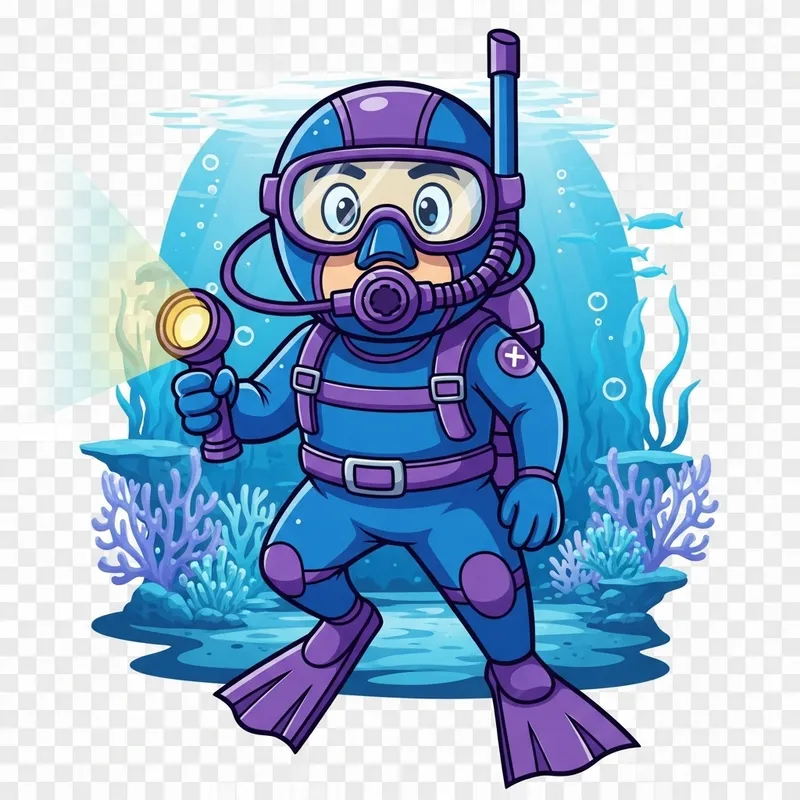 Cartoon Scuba Diver Mascot in Blue and Purple