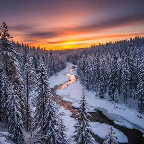 Tranquil Winter Forest Scene with Frozen River and Sunset Sky