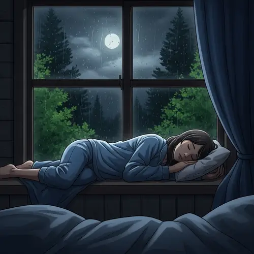 Tranquil Scene: Asian Woman Sleeping on Windowsill in a Rainy Forest