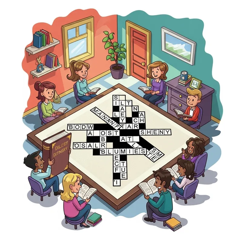Fun Cartoon Crossword Puzzle Scene: Brain Teasers for All Ages