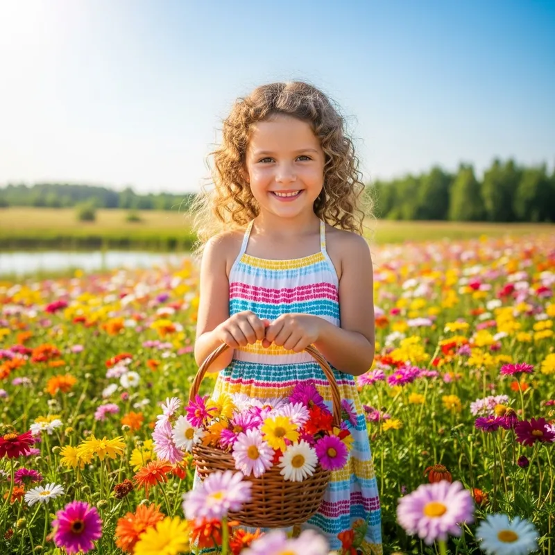 Georjuss Girl in Vibrant Flower Field - Joyful Scene