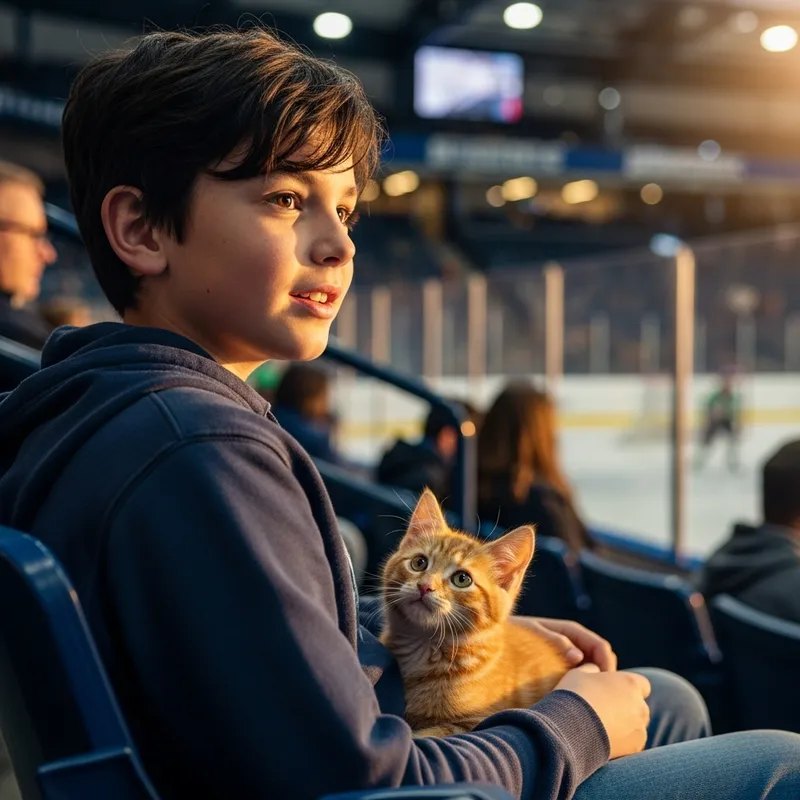 Realistic Photo of Dark-Haired Boy Watching Hockey with Orange Kitten