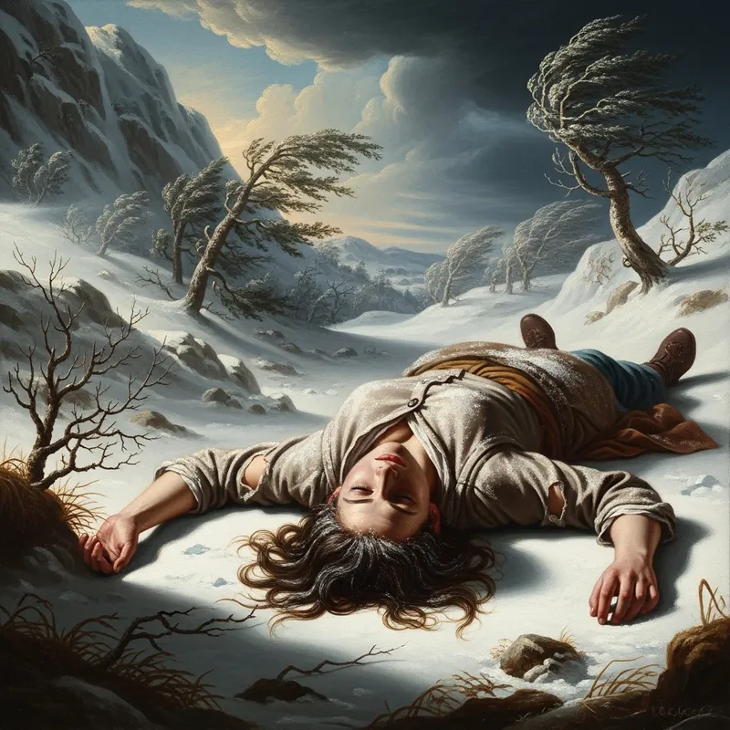 Baroque Style Lifeless Woman in Snowy Mountains