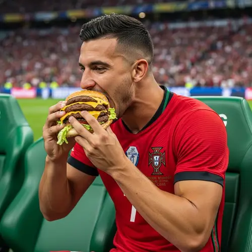 Muscular Male Footballer Biting Into Giant Hamburger