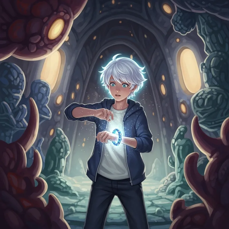 13-Year-Old White-Haired Boy in Unusual Place with Enchanting Bracelet