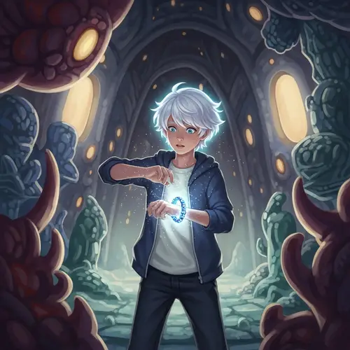 13-Year-Old Boy in Mysterious Setting with Magical Bracelet