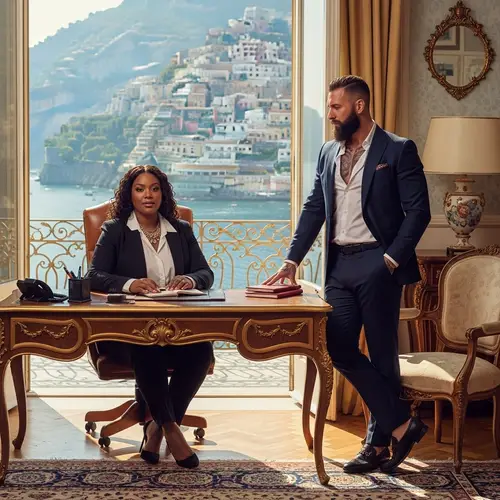Empowering Plus-Size African American Woman and Stylish Italian Husband at Luxurious Italian Villa