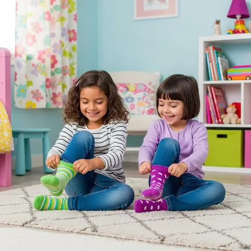 Hispanic Girls Removing Socks in Colorful Bedroom
